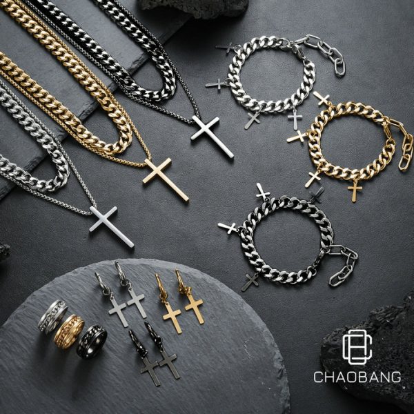 New vintage titanium steel cross pendant set, includes a necklace, bracelet, earrings, and ring. - 图片 2