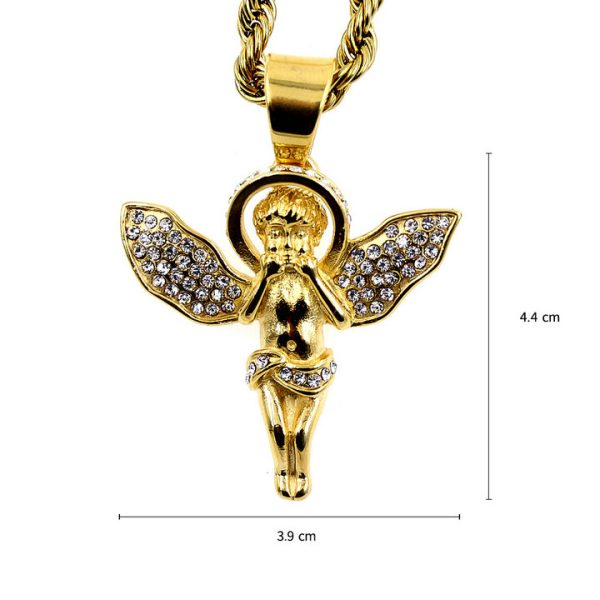 Hip Hop Punk Stainless Steel Gold Plated Full Diamond Small Angel Pendant HIPHOP Religion - 图片 2