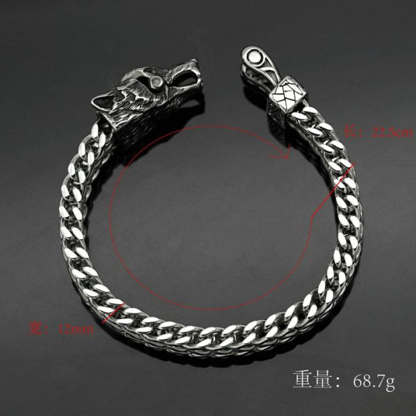 Viking-style stainless steel bracelet from Nordic, punk retro series featuring wolf, snake and eagle heads with thick chains on both sides