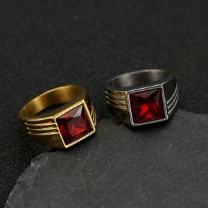 Ins minimalist style square gemstone ring for men, made of titanium steel.