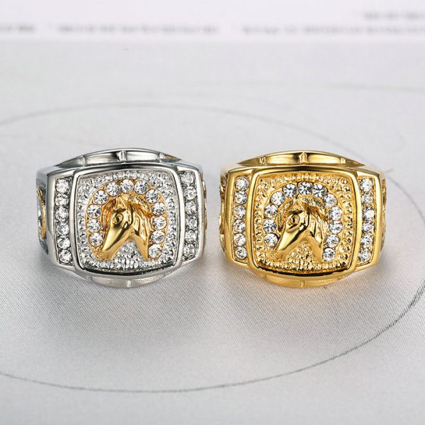 Hip-hop Jewelry, Gold-plated Diamond-studded Horse Head Men's Ring - 图片 4