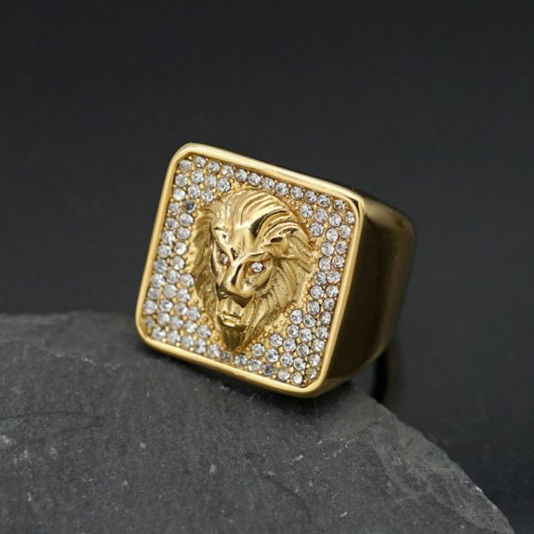 Titanium Steel Hip-Hop Full Diamond Relief Inlay Lion Head Men's Ring - 图片 3