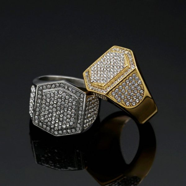 Hip-hop Hiphop Ring, Stainless Steel Gold Plated Full Diamond Ring - 图片 4