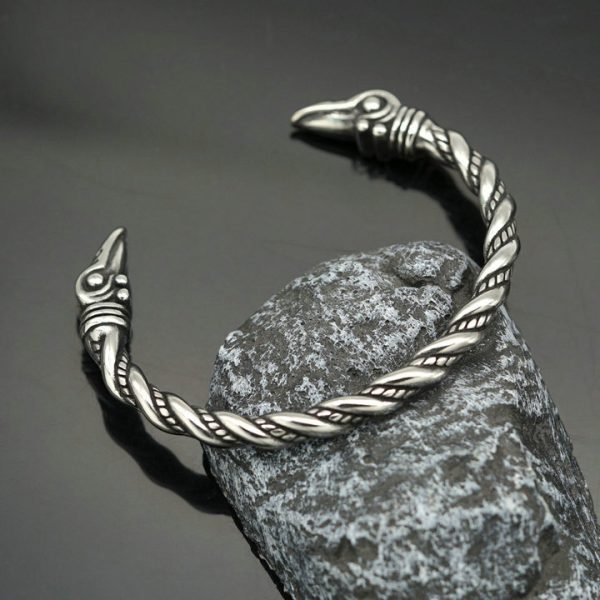 Titanium Steel Retro Viking Myth Raven Bracelet, Opening Double-Head Stainless Steel Bangle