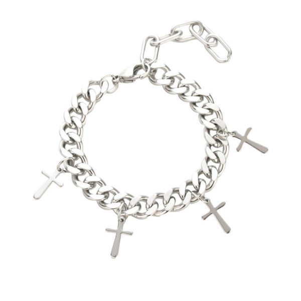 New vintage titanium steel cross pendant set, includes a necklace, bracelet, earrings, and ring. - 图片 6