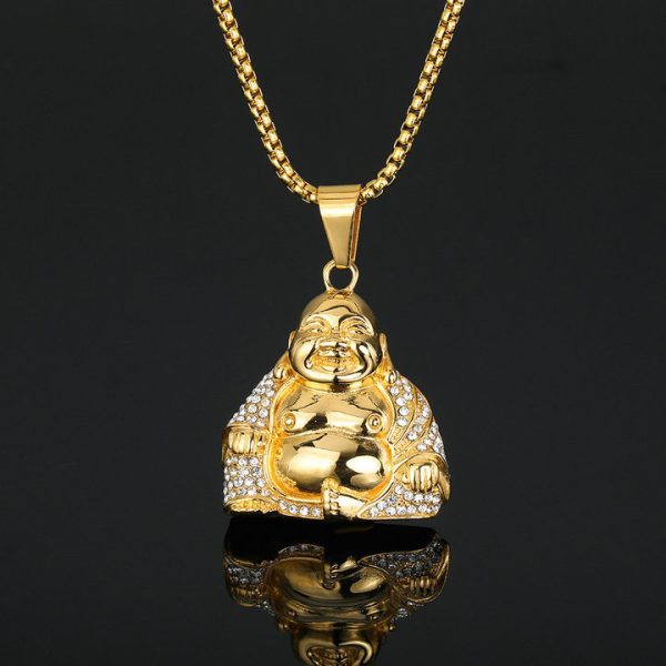 Titanium Steel Inlaid Diamond Gold-plated Buddha of Wealth Pendant Necklace - 图片 3