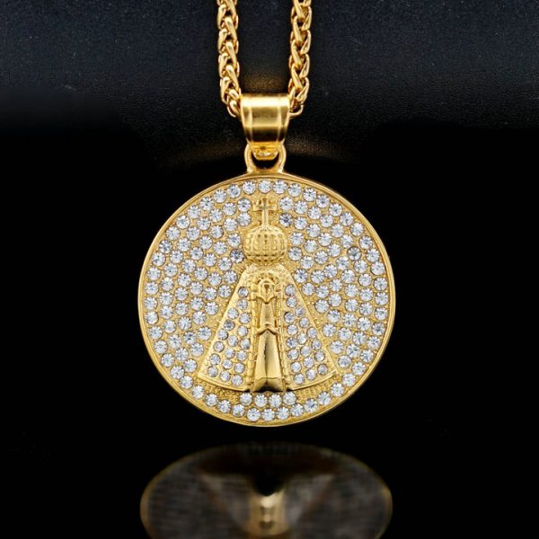 Religious hip-hop jewelry titanium steel full diamond round cross Mary pendant - 图片 4