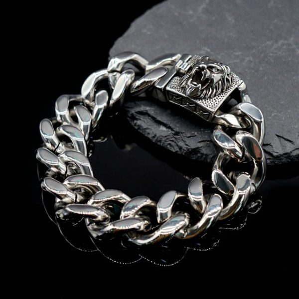 Titanium Steel Animal Lion Head Cuban Link Bracelet - 图片 2