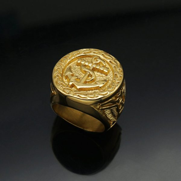 Hip-hop Ring, Stainless Steel Color-preserving Gold-plated Eagle Boat Anchor Men's Ring - 图片 3