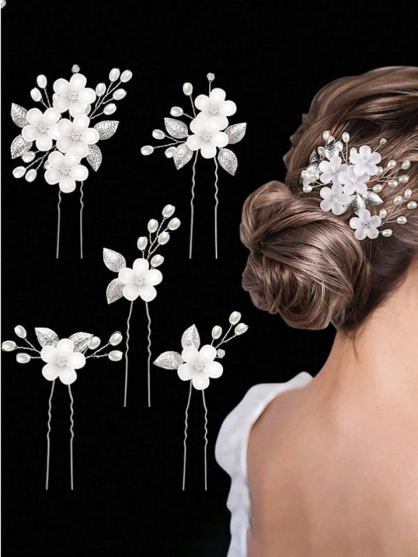 Handmade Flower and Leaf Hairpin for Bride, Chinese Traditional Bun Hairstyle Set with U-shaped Insert Pins for Wedding Ceremony - 图片 2