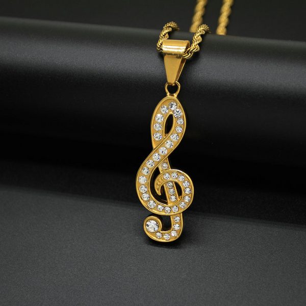 Hatsune Miku Music Note Diamond-Embedded Titanium Steel Pendant Necklace, Hip-Hop Trendy Men's Pendant