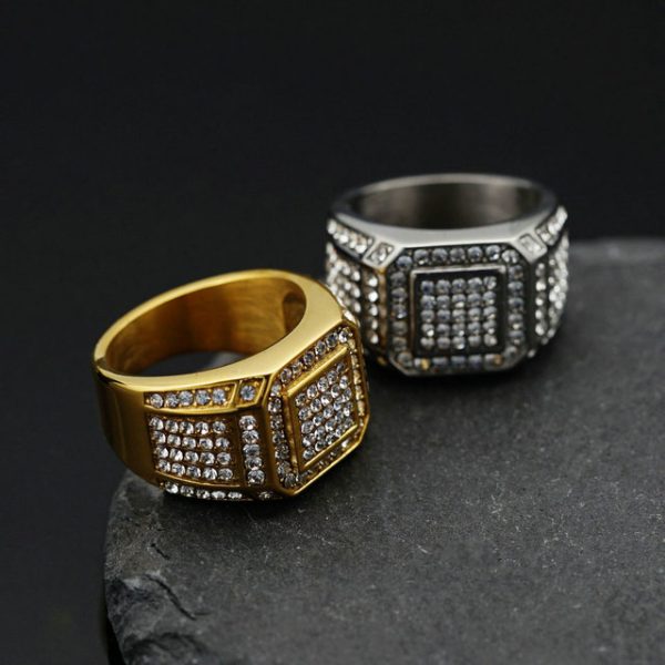 Titanium Steel Gold-Plated Full Diamond Luxury Men's Ring - 图片 4