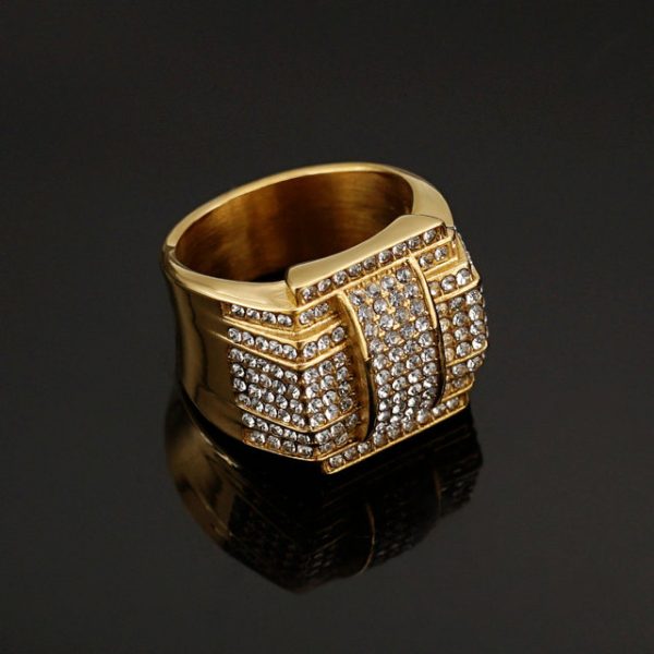 316 Stainless Steel / Titanium Steel Gold Plated Full Diamond Luxury Hip Hop Ring - 图片 5