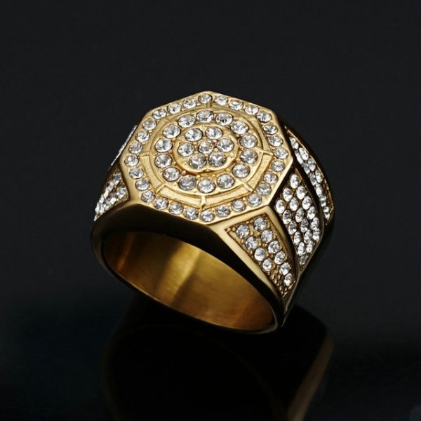 Men's Luxury Diamond-Encrusted Octagonal Stainless Steel Hip Hop Club Ring - 图片 5