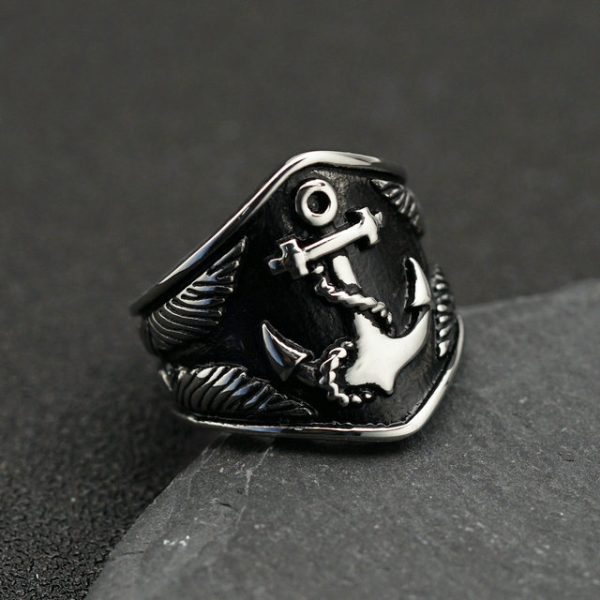Viking Pirate Ship Anchor Titanium Steel Ring, Retro Personality Blackening Oil Stainless Steel Hip-Hop Men's Ring - 图片 2
