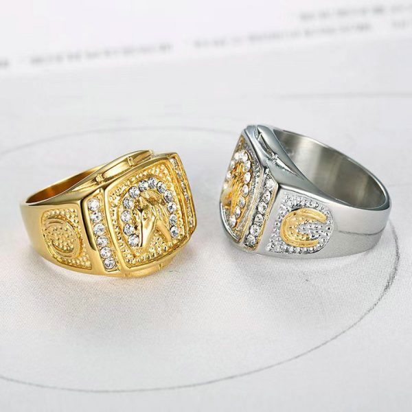 Hip-hop Jewelry, Gold-plated Diamond-studded Horse Head Men's Ring - 图片 6