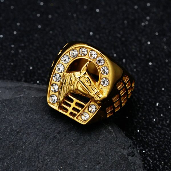 Hiphop Titanium/Stainless Steel Gold-Plated Diamond-Set Horse Head Men's Ring - 图片 4