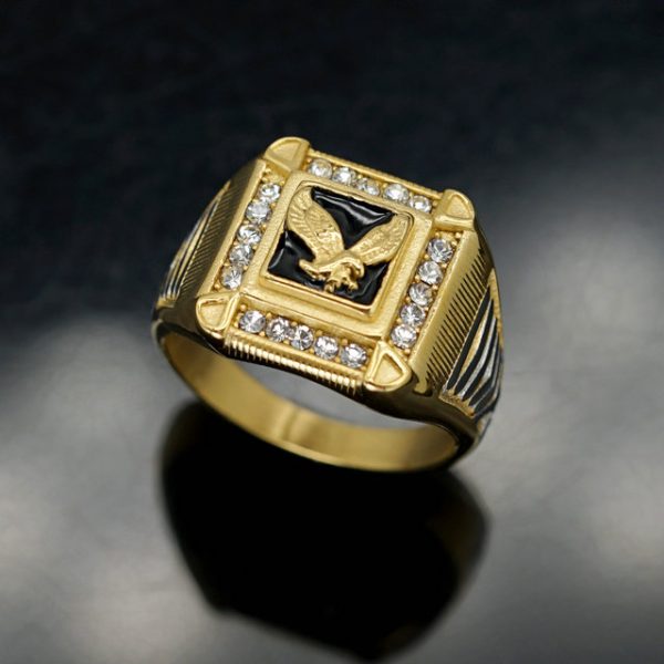 Square Seal Full Diamond Eagle Titanium Steel Ring, Majestic Men's Eagle Surrounding with Diamond Ring