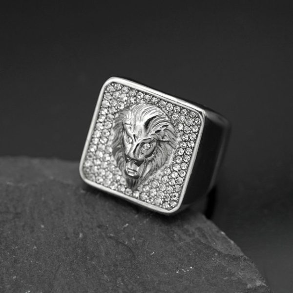 Titanium Steel Hip-Hop Full Diamond Relief Inlay Lion Head Men's Ring - 图片 2