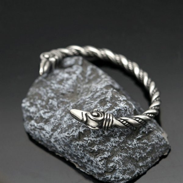 Titanium Steel Retro Viking Myth Raven Bracelet, Opening Double-Head Stainless Steel Bangle - 图片 2