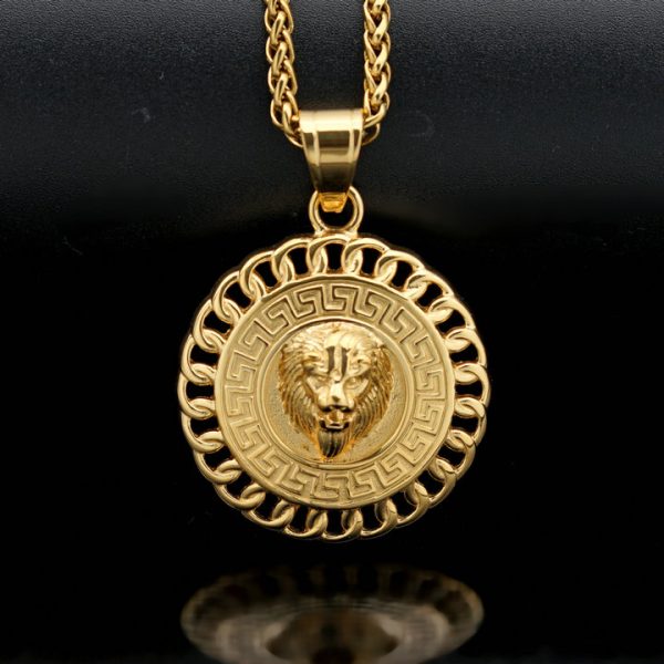 Titanium steel Great Wall pattern round brand lion head pendant sweater chain