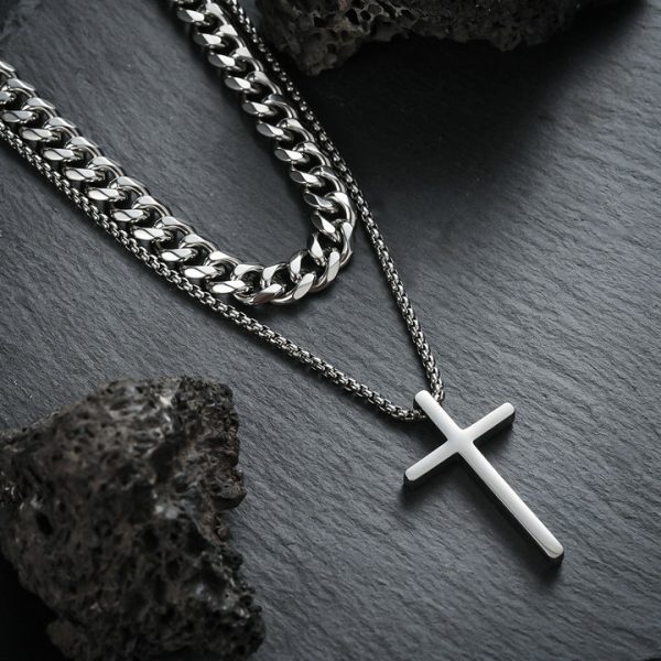 New vintage titanium steel cross pendant set, includes a necklace, bracelet, earrings, and ring. - 图片 8