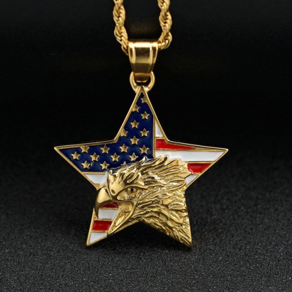 American Independence Day Memorial Necklace USA Flag Five-pointed Star Eagle Stainless Steel Pendant - 图片 2