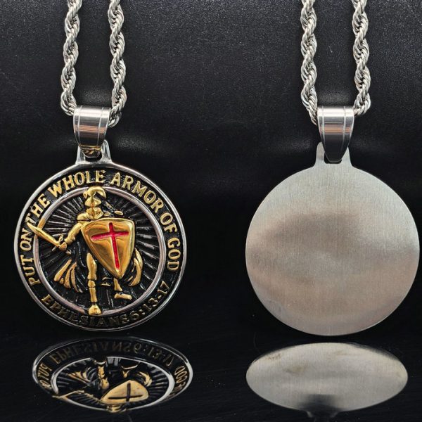 Medieval Templar Red Cross Shield Necklace Titanium Steel Gold Plated Droplet Resin Pendant - 图片 3