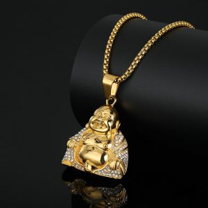 Titanium Steel Inlaid Diamond Gold-plated Buddha of Wealth Pendant Necklace