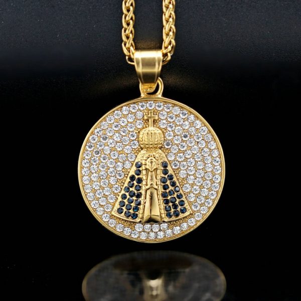 Religious hip-hop jewelry titanium steel full diamond round cross Mary pendant - 图片 2