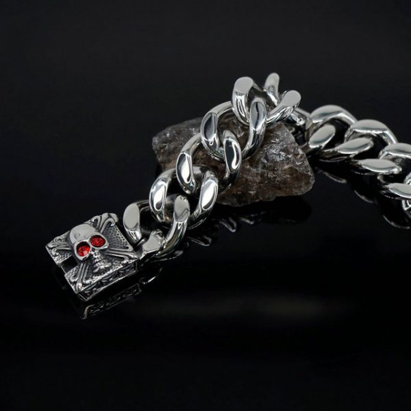 Cuban Link Titanium Steel Bracelet, Punk Style Stainless Steel Red Eye Skull Head Bracelet - 图片 2