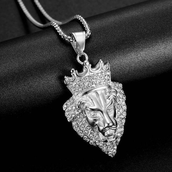 Stainless steel diamond-set crown lion head pendant - 图片 2