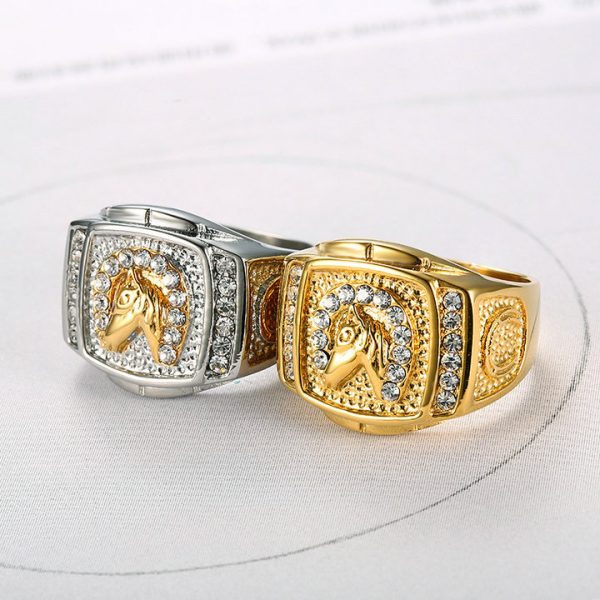 Hip-hop Jewelry, Gold-plated Diamond-studded Horse Head Men's Ring