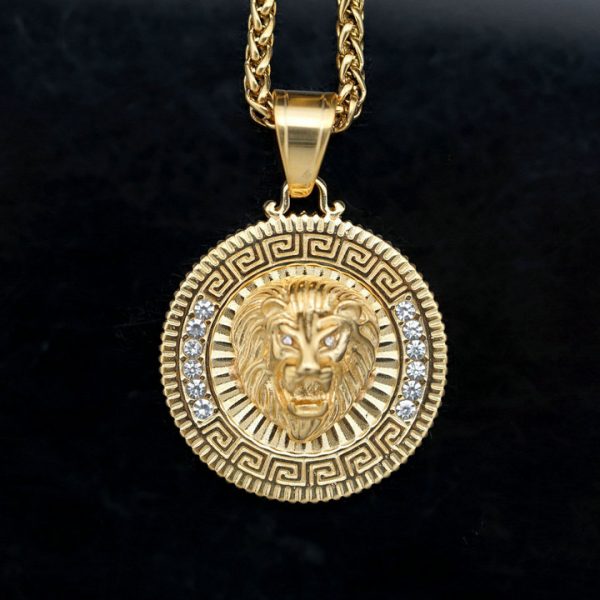Titanium steel round brand rune 18k gold lion head point diamond pendant - 图片 2