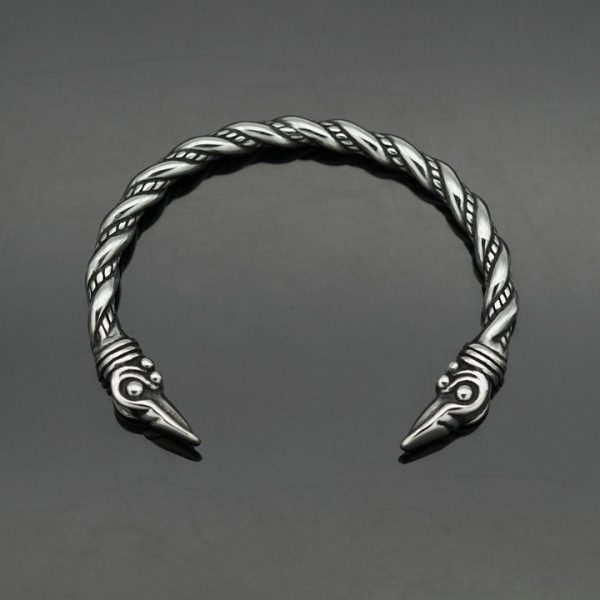 Titanium Steel Retro Viking Myth Raven Bracelet, Opening Double-Head Stainless Steel Bangle - 图片 3