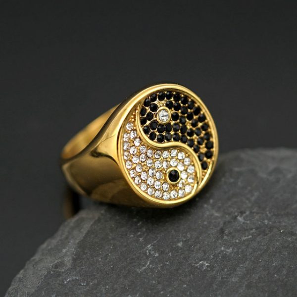 Retro Tai Chi Pattern Black and White Diamond Stainless Steel Ring for Men Titanium Steel Bangle - 图片 3