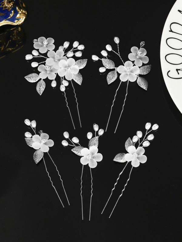 Handmade Flower and Leaf Hairpin for Bride, Chinese Traditional Bun Hairstyle Set with U-shaped Insert Pins for Wedding Ceremony - 图片 4