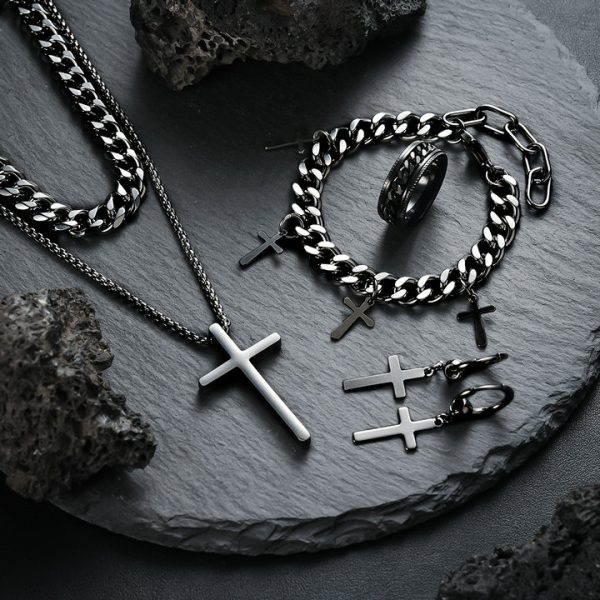 New vintage titanium steel cross pendant set, includes a necklace, bracelet, earrings, and ring. - 图片 10