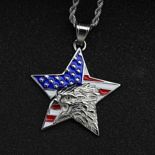 American Independence Day Memorial Necklace USA Flag Five-pointed Star Eagle Stainless Steel Pendant - 图片 3