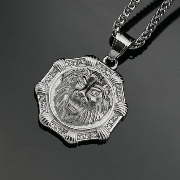 Stainless Steel Octagon Drilled Lion Head Pendant, Hip-Hop Jewelry - 图片 2