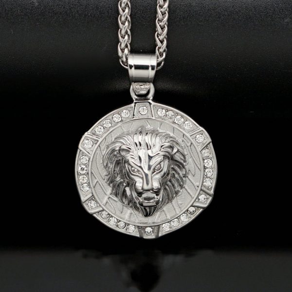 Stainless Steel Round Disc Gear Stripe Dot Drill Lion Head Pendant, Hip Hop Jewelry - 图片 3