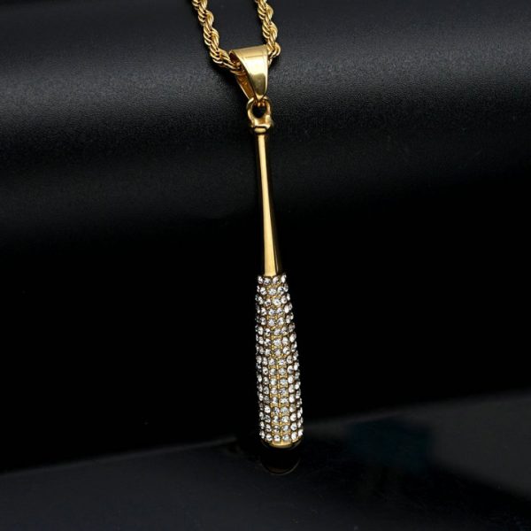 Hiphop Diamond Embellished Baseball Bat Trendy Titanium Steel Pendant - 图片 2