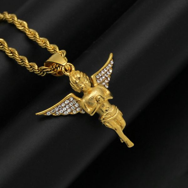 Titanium steel gold-plated diamond-set prayer angel pendant - 图片 3