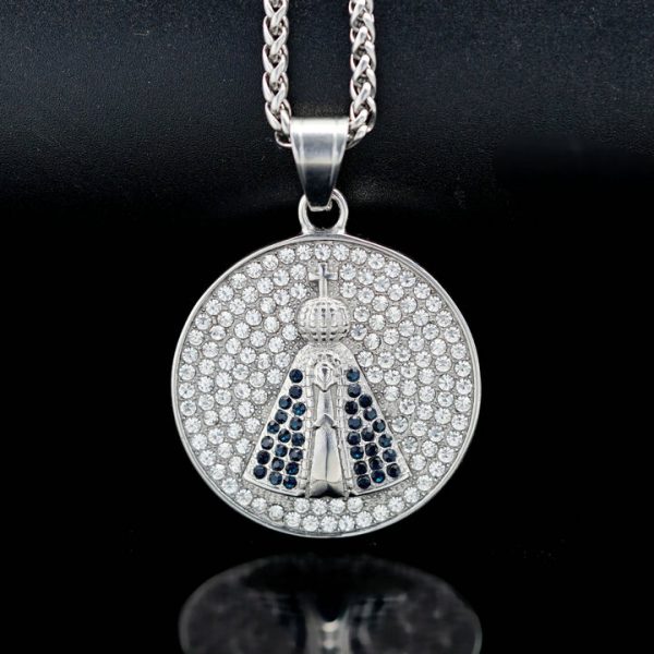 Religious hip-hop jewelry titanium steel full diamond round cross Mary pendant - 图片 3