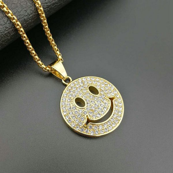 hiphop jewelry titanium steel gold-plated full diamond smiley face symbol pendant - 图片 2