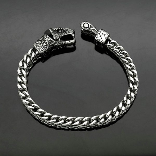 Viking-style stainless steel bracelet from Nordic, punk retro series featuring wolf, snake and eagle heads with thick chains on both sides - 图片 4