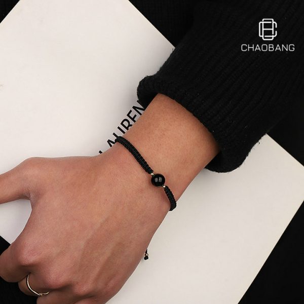 Black Obsidian Couple Bracelet for Women, Minimalist Design with Handmade Weaving, Crystal Rope for Male Best Friend - 图片 2