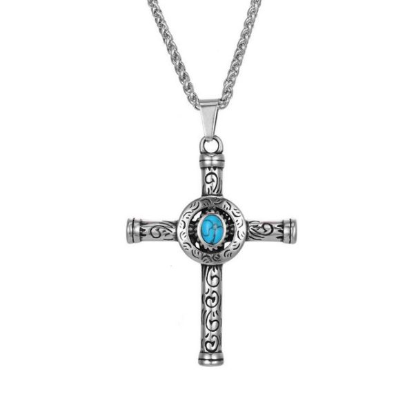 Titanium steel European and American pendant, noble scepter cross necklace, turquoise men's pattern pendant - 图片 2