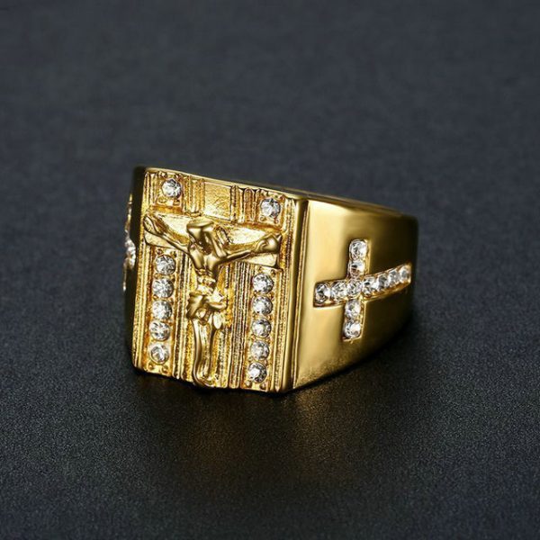Gold-plated diamond-studded stainless steel Jesus cross ring - 图片 2