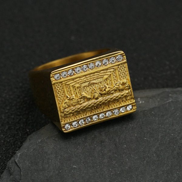 Titanium Steel Gold-Plated World Famous Painting Judas Thirteen Apostles Men's Ring - 图片 2